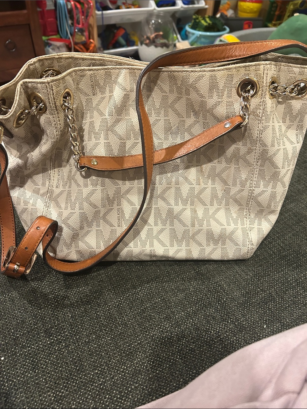 Michael Kors Cream MK Logo Shoulder Tote with Tan Leather Trim